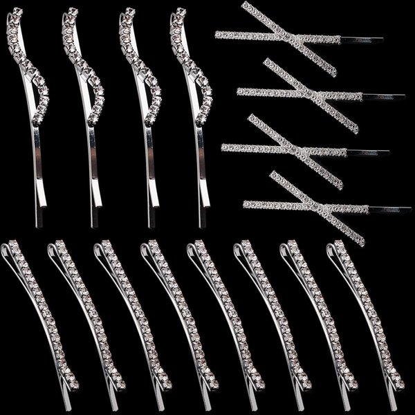 16 Pieces Rhinestone Bobby Pins, Fancy Metal Hair Clips, Crystal Shiny Barrettes, I S X Shaped Diamond Hair Accessories for Women Girls Wedding Prom Party (Silver)