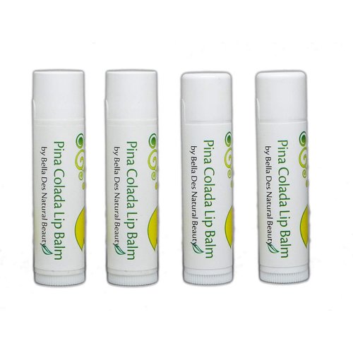 Pina Colada Lip Balm | Set of 4 balms | 100% Natural Ingredients | Soothe and Moisturize Chapped Lips | Organic Coconut Oil, Beeswax, Vitamin E | by Bella Des Natural Beauty