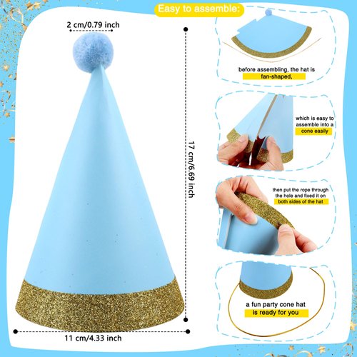 Rcanedny 24 Pcs Birthday Party Hats Colorful Glitter Cone Party Hats with Pompom for Kids Adults Birthday Christmas Holiday Party Favors Supplies, 4 colors
