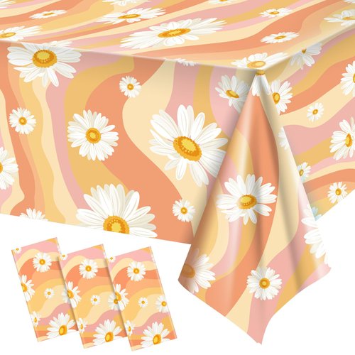 Plastic Groovy Tablecloths Retro Hippie Table Covers for Rectangle Table, Disposable Daisy Flower...
