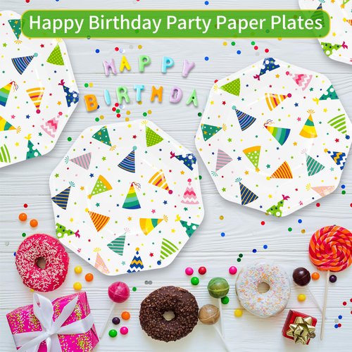 DYLIVeS Birthday Party Plates, 9" Hats off Happy Bithday Hats Dessert Plates Birthday Party Decorations Birthday Party Supplies for Girls and Boys Birthday Cocktail Party Holiday, Octagon/50 Count