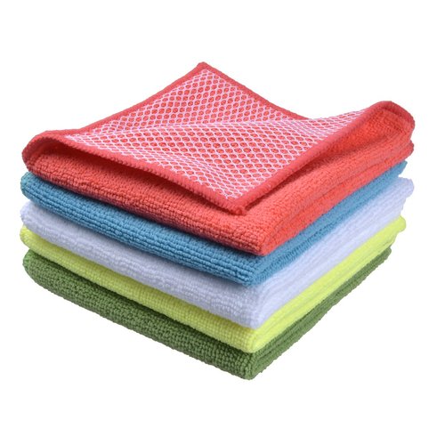 SINLAND 5 Color Assorted Microfiber Dish Cloth Towels Best Kitchen Cloths Cleaning Cloths with Poly Scour Side 12"x12" 5Pack (Pink+Blue+White+Yellow+Green)