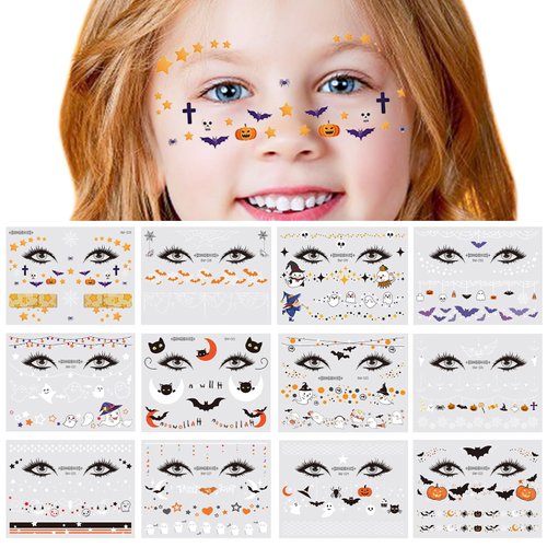 Halloween Face Temporary Tattoos for Kids 12 Sheets Day of the Dead Pumpkin Spider Bat Ghost Tatt...