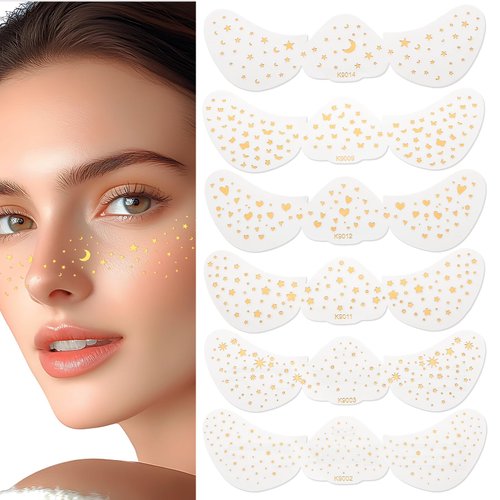 Gold Freckles Face Tattoos, Lusofie 6 Styles Glow Up Gold Makeup Freckle Patches, Waterproof Glitter Temporary Tattoos for Women Girls Music Festival Rave Party