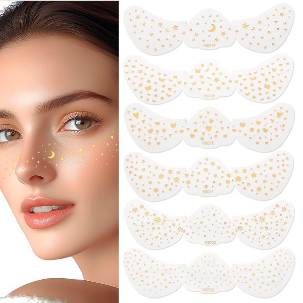 Gold Freckles Face Tattoos, Lusofie 6 Styles Glow Up Gold Makeup Freckle Patches, Waterproof Glitter Temporary Tattoos for Women Girls Music Festival Rave Party