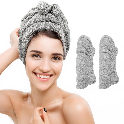 ZenTiky Microfiber Hair Drying Towels - Microfiber Hair Towel Head wrap with Bow-Knot Absorbent Hair Towel for Wet Hair-Grey