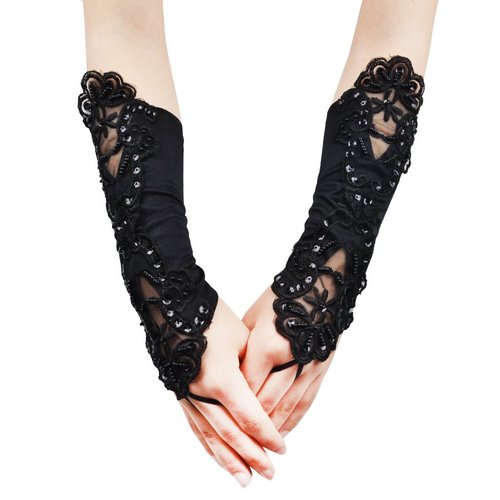JISEN Women Banquet Party Fingerless Elegant Lace Embroidered Bridal Gloves 11 Inch Black