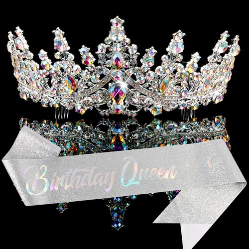 Chanaco Birthday Crown Birthday Sash Birthday Crowns for Women Birthday Queen Sash Silver Tiara Happy Birthday Decorations Rhinestone Headband Birthday Party Gifts