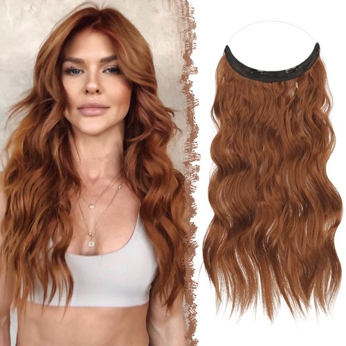 FESHFEN Hair Extensions, Synthetic Hair Piece with Invisible Transparent Wire, Long Wavy Secret Headband Hairpieces for Women (20 Inches, Copper Red)