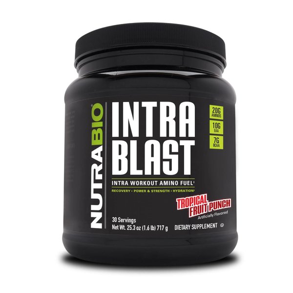 NutraBio Intra Blast and Pre-Workout Powder - Advanced Electrolyte Performance Drink - Amino Acid Recovery, EAA/BCAA Formula - Non-GMO and Gluten Free - Tropical Fruit Punch - 30 Servings