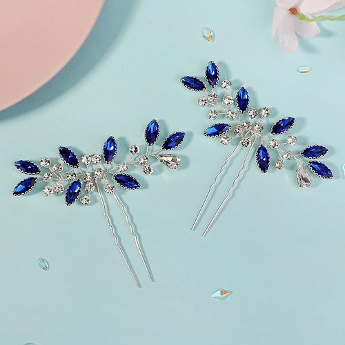 Teyglen 2pcs Blue Crystal Hair Pins Teardrop Rhinestone Wedding Hair Pins Bridal Crystal Hair Pins Hair Accessories for Bride Wedding Hair Piece for Women