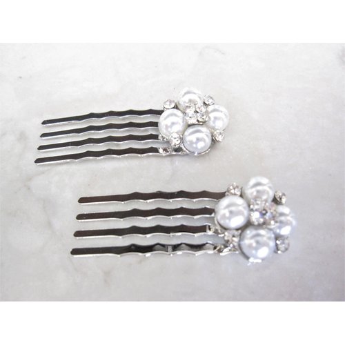 Generic Set of two small pearl and silver hair comb barrette clip bridal clip with, 7