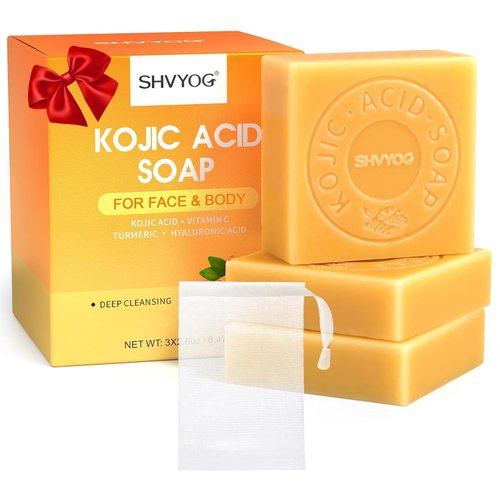 SHVYOG Kojic Acid Soap, Turmeric Soap Bar with Vitamin C Hyaluronic Acid for Deep Cleansing, Gentle Soap for Face and Body with A Foaming Net, 8.47oz（3 Pack）