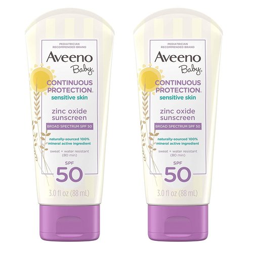 Aveeno Baby Continuous Protection Zinc Oxide Mineral Sunscreen Lotion for Sensitive Skin with Broad Spectrum SPF 50, Tear-Free, Sweat- & Water-Resistant, Travel-Size, 3 fl. Oz (Pack of 2)