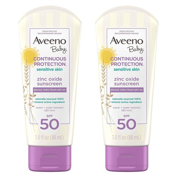 Aveeno Baby Continuous Protection Zinc Oxide Mineral Sunscreen Lotion for Sensitive Skin with Broad Spectrum SPF 50, Tear-Free, Sweat- & Water-Resistant, Travel-Size, 3 fl. Oz (Pack of 2)