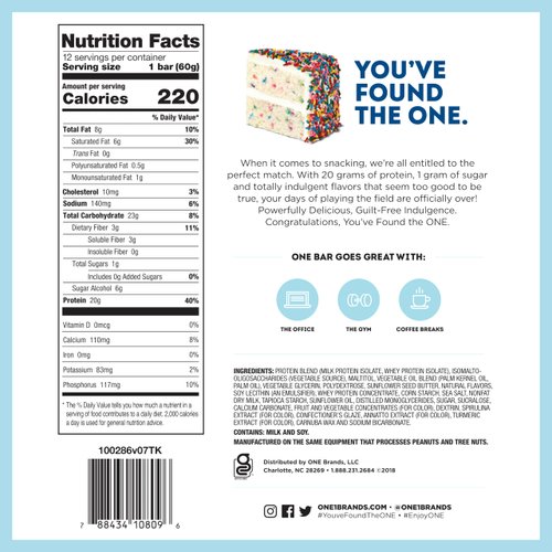 ONE Protein Bars, Birthday Cake, Gluten Free Protein Bars with 20g Protein and only 1g Sugar, Guilt-Free Snacking for High Protein Diets, 2.12 Oz, 12 Count