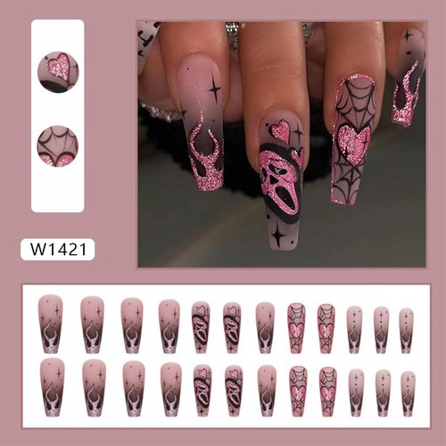 Halloween Press on Nails Long Square Fake Nails Pink Goth Ghost Flame with Glitter Fake Nails Design Spider Web Full Cover Artificial Glue on Nails Glossy Nude Stick on Nails for Women Manicure 24pcs