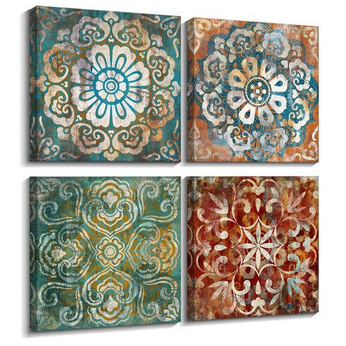 Mofutinpo Wall Art Vintage Flowers Pattern Canvas Prints Pictures for Bedroom Wall Decor 14x14 inches 4 Pieces Artwork Ready to Hang for Home Bathroom Kitchen Office Decoration