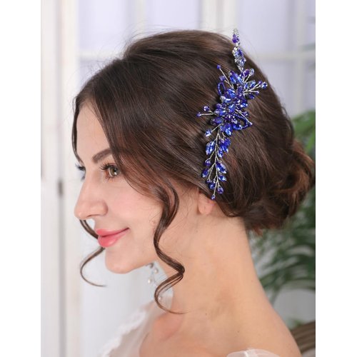 Teyglen Crystal Bridal Wedding Hair Comb Blue Rhinestone Hair Comb Handmade Crystal Hair Piece Hair Accessories for Bride Side Comb Rhinestone Headpiece for Women
