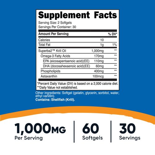 Nutricost Krill Oil 1000mg, 60 Softgels - Omega-3 EPA-DHA Krill Oil Supplement, with Superbakrill