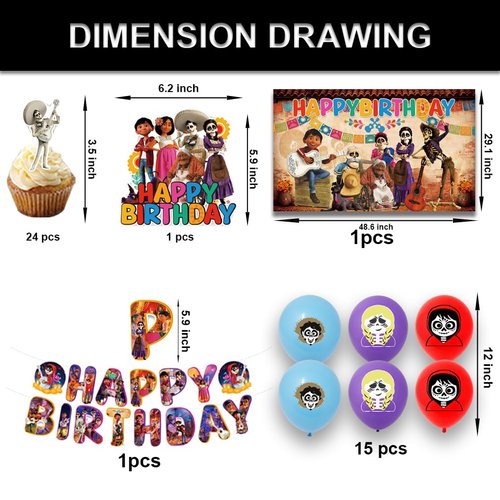 42pcs Dsney Coco Birthday Party Supplies -Included Banner, cupcake toppers , backdrop and Balloons Banner for Coco Cartoon Themed Party Decorations