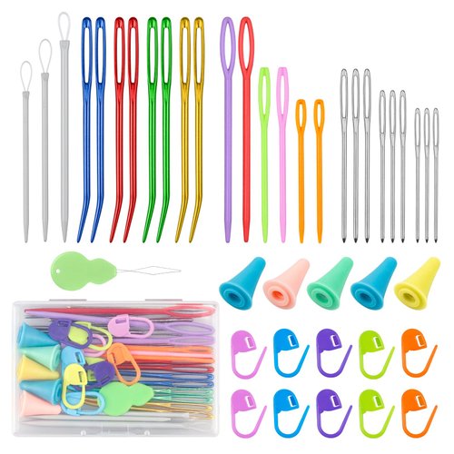 FIVEIZERO 43 Pcs Yarn Needles Set, Assorted Yarn Needles Bent Tapestry Needle Weaving Needle Darning Needles Big Eye Blunt Knitting Needles with Stitch Markers for Knitting Crochet