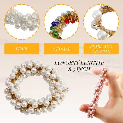 Meisuitd 9Pcs Pearl Hair Ties Rhinestone Elastics Hair Scrunchies Hold Crystal Beads Bulk Hair Ropes Stretchy Handmade Boho Hair Accessories for Women Girls (Pearl&Crystal)