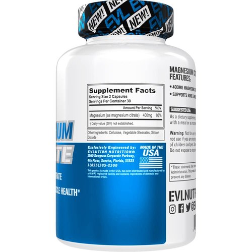 EVL Magnesium Citrate Capsules 400mg - Muscle and Bone Health Magnesium Supplement with Pure Magnesium Citrate for Muscle Relaxation and Bone Strength - 60 Veggie Magnesium Capsules for Health