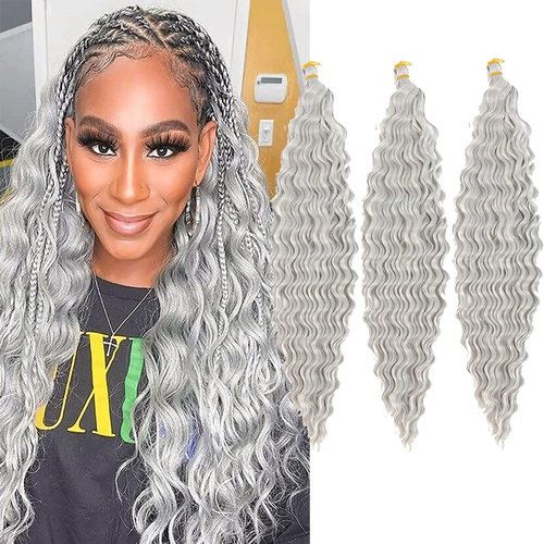 24inch Ocean Wave Braiding Hair Extensions 3packs Long Deep Curly Wave Braid Hair Synthetic Twist Ripple Crochet Deep Wave Braids Hair for Women 100g/pack(24",Grey)