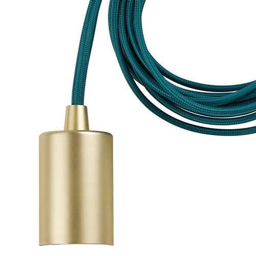 Globe Electric 69997 Emile 1-Light Plug-in Exposed Pendant, 15-ft Teal Cloth Cord, in-Line On/Off Rocker Switch, Brass Socket, 180, Bulb Not Included