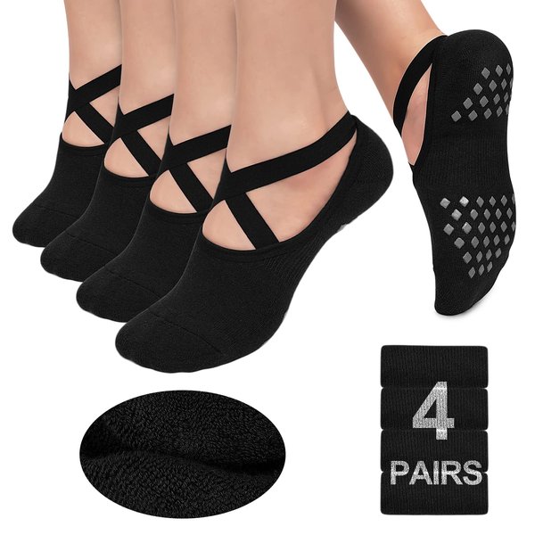 Pilates Socks Yoga Socks with Grips for Women Non-Slip Grip Socks for Pure Barre, Ballet, Dance, Workout, Hospital,4 Pairs Black,L-XL