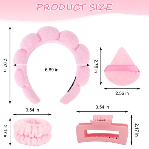 ACO-UINT 6Pcs Pink Spa Headband and Wrist Washbands Set, Skincare Headband Face Wash Headband Makeup Headband, Hair Claw Clip and Powder Puffs for Women and Girls
