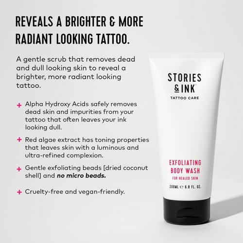 Stories & Ink Tattoo Care - Exfoliating Body Wash - Gently Removes Dead & Dull Skin, Reveals Brighter & More Radiant Looking Tattoo, No Micro Beads - 100% Vegan and Cruelty Free Made in UK - 2 FL. OZ