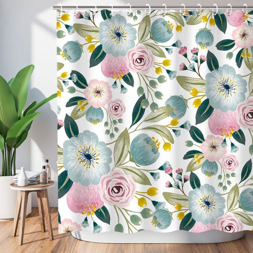 LIVILAN Mint Blue Shower Curtain Boho Shower Curtains Floral Blossom Flowers Shower Curtain Set Girly Light Blue and Pink Poppy Shower Curtains Colorful Fabric Bathroom Decor, 72" W x 72" H