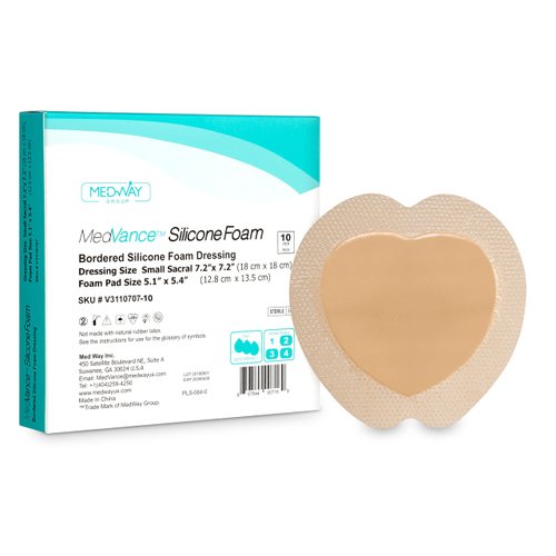 MedVance TM Silicone - Sacral Bordered Silicone Adhesive Foam Wound Dressing, Bed Sore Treatment Bandage for Sacrum, Size 7"x 7", Box of 10 dressings