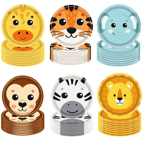 60Pcs Jungle Safari Party Paper Plates Jungle Zoo Animal Print Party Supplies 7"Animal Shaped Plates Safari Theme Party Plates for Baby Shower Jungle Animal Theme Birthday Party Decorations