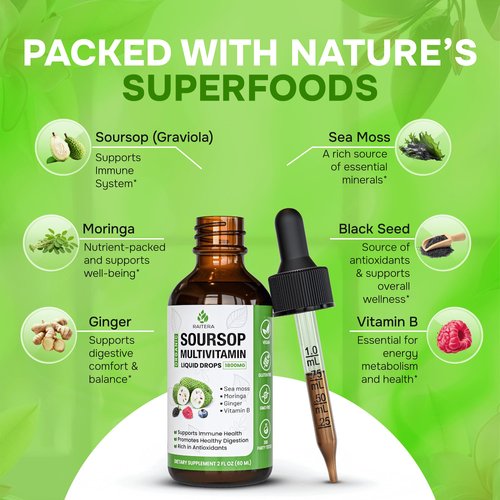 2 Pack Soursop Graviola Liquid Drops 1800mg, Organic Soursop Bitters Liquid, Antioxidant Blend Sea Moss, Vitamin B6, C, D3, Pure Leaf Extract, Immunity Support, 98% Absorption, Vegan, 4fl oz