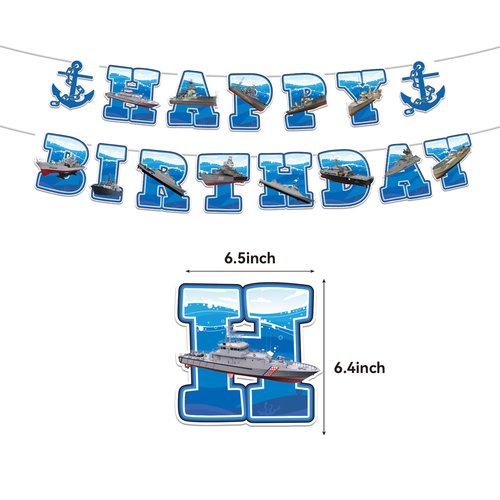 38Pcs Battleship Theme Birthday Party Supplies and Decorations Naval Happy Birthday Banner,Latex Balloon, Cupcake Toppers, Set Nautical Birthday Party Supplies for Kids Family