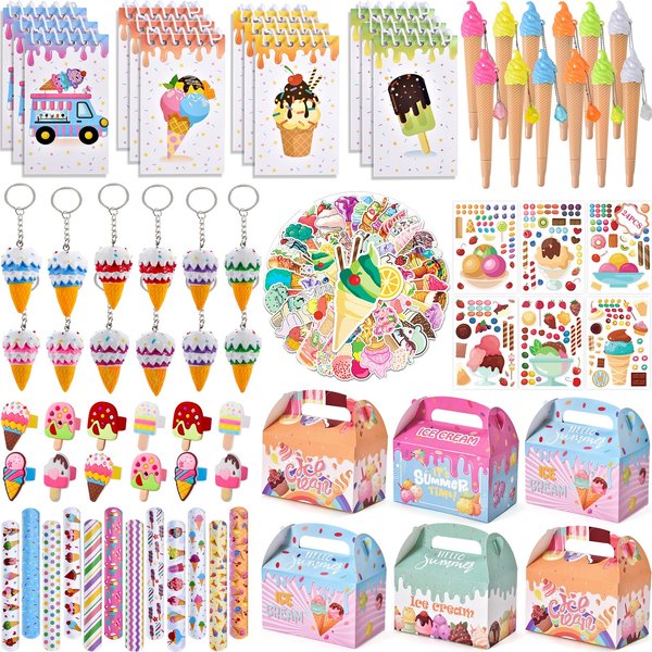 KELENO 134 Ice Cream Party Favors Two Sweet Birthday Party Supplies Notebook Pen Box Ring Sticker Toy Gift Goodie Bag Stuffer Kid Girl Candyland Decorations Donut Ice Cream Party Supplies