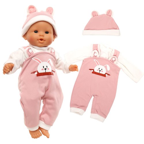 Baby Doll Clothes Pink Rabbit Top Jumpsuit with Cap Handmade Rompers Outfits for 14 to 16 Inch Doll Clothing Set