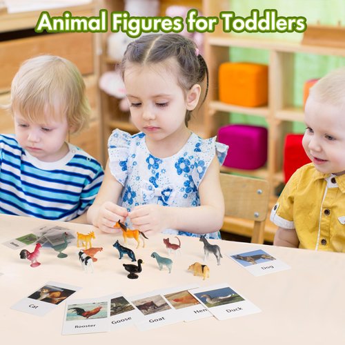 MEROCO 24pcs Farm Animal Flash Cards for Toddlers with Figurines Animal Matching Game Learning Cards Travel Game Preschool Learning Science Toys for Kids Plastic Materials