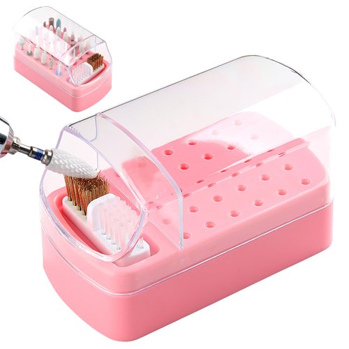 FSpronail Nail Bit Holder & Nail Drill Bit Cleaner 2 in 1, 30 Holes Nail Drill Holder Organizer Nail Bit Brush Cleaner Drill Bit Holder for Nails Dustproof Stand Displayer Storage Box Tools