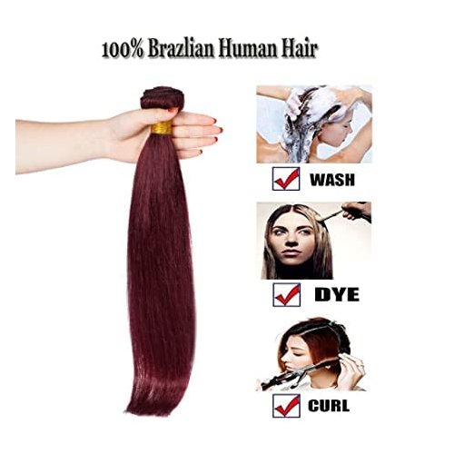 8A Brazilian Virgin Hair 99j Burgundy Straight Hair Weaves Bundle Free Part Red Wine Color 100% Unprocessed Human Hair Weft Weaves (18 INCH)……
