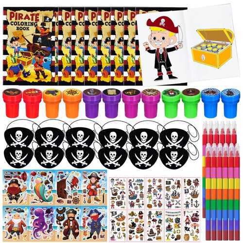 72 Pcs Pirate Coloring Book Party Favors Set, Pirates Parrot Treasures Skull Birthday Party Pinatas Goodie Bag Fillers,Nautical Party Supplies Craft DIY Kit Stickers Tattoo for Classroom Carnival