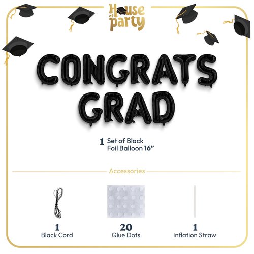 HOUSE OF PARTY Black Congrats Grad Balloons Banner - 16 Inch Black Graduation Foil Balloons for Graduation Party Decorations 2024, Congratulations Backdrop Balloons for Class of 2024 Graduation Decor