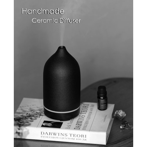 Essential Oil Diffuser,Handcrafted Ceramic Diffuser for Home,Ultrasonic Cool Mist Air Diffuser, 9 Colors Night Light with Timer (Black)