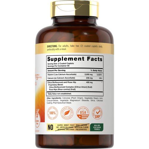 Carlyle Buffered Vitamin C | 2000mg | 180 Caplets | with Bioflavonoids and Rose HIPS | Vegetarian, Non-GMO, and Gluten Free Supplement