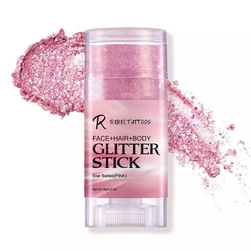 Rebel Tattoos pink Body Glitter Stick, Face & Hair Chunky Glitter Gel, Holographic Cosmetic Glitter Sequins for Women Girls, Waterproof Glitter Makeup for Halloween Christmas Rave