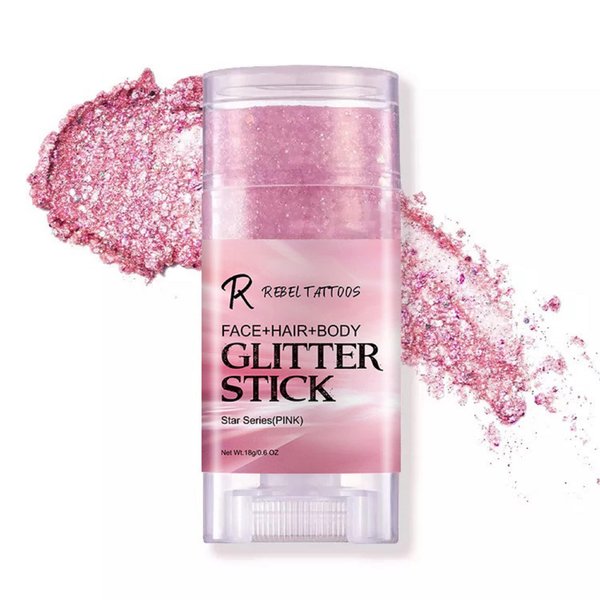 Rebel Tattoos pink Body Glitter Stick, Face & Hair Chunky Glitter Gel, Holographic Cosmetic Glitter Sequins for Women Girls, Waterproof Glitter Makeup for Halloween Christmas Rave