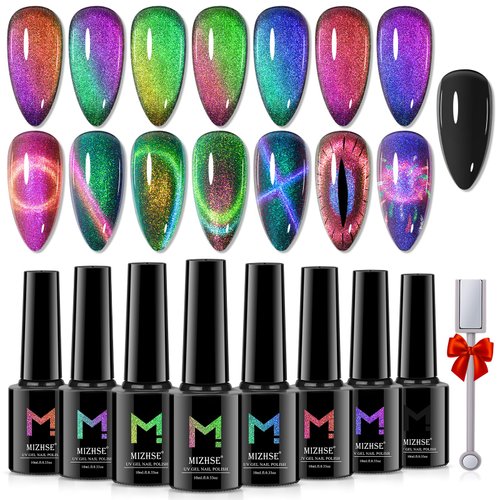 MIZHSE 9D Cat Eye Gel Nail Polish 8x10ML, Dual Color Galaxy Magnetic Nail Polish Gel, Magic Catey...